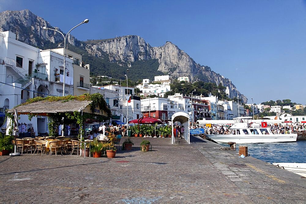 Quayside and touist boat, Capri, Campania, Italy, Europe