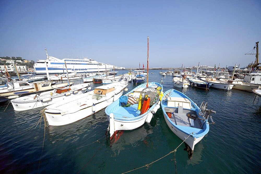 Fishing boats and ferry in harbour, Capri, Campania, Italy, Europe