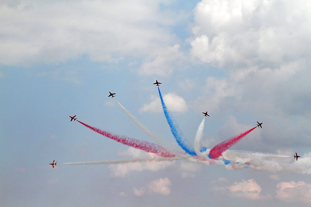 Seven Hawk T1 Jets Red Arrows, Waddington, Lincolnshire, England, United Kingdom, Europe