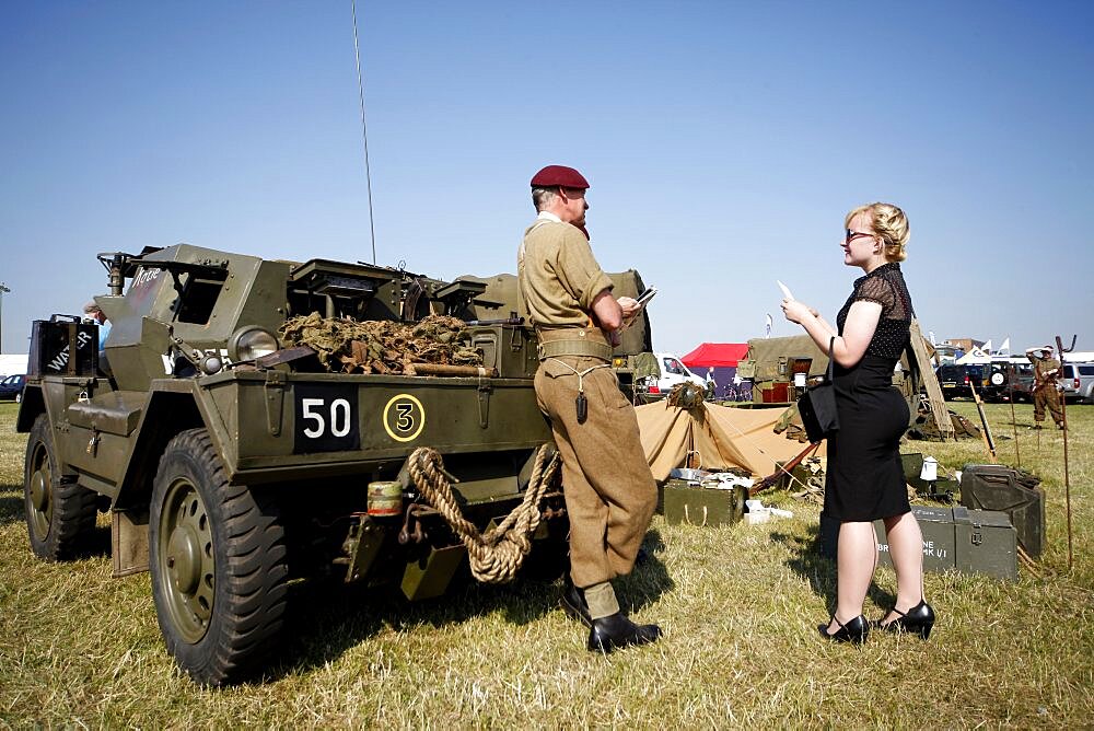 British Army Paratrooper talks to woman, Waddington, Lincolnshire, England, United Kingdom, Europe