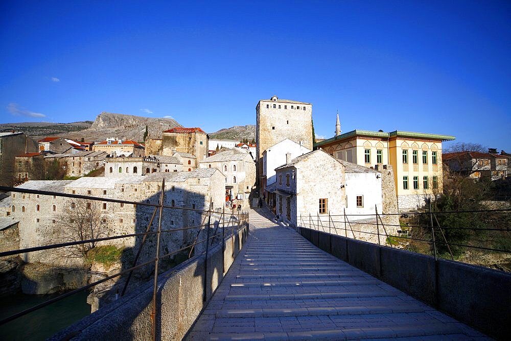 Old Town from the rebuilt Stari Most (Old Bridge), Mostar, UNESCO World Heritage Site, Herzegovina, Bosnia and Herzegovina, Europe