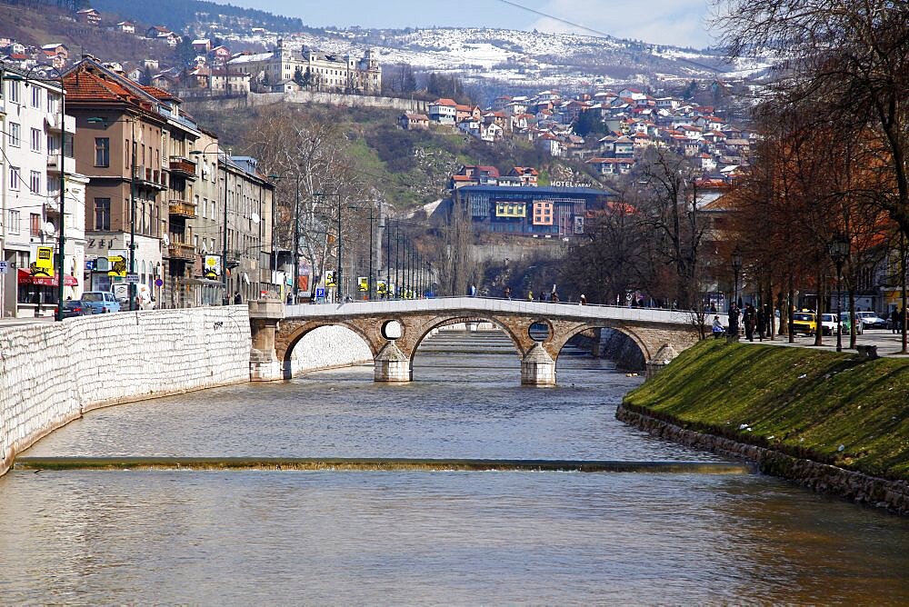 Miljacka River and Latin Bridge, Sarajevo, Bosnia And Herzegovina, Europe