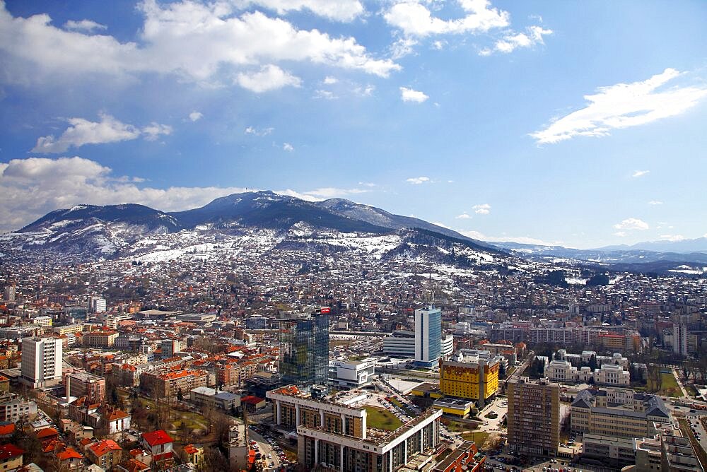 Sarajevo and mountain view fom Avaz Twist Tower, Sarajevo, Bosnia and Herzegovina, Europe