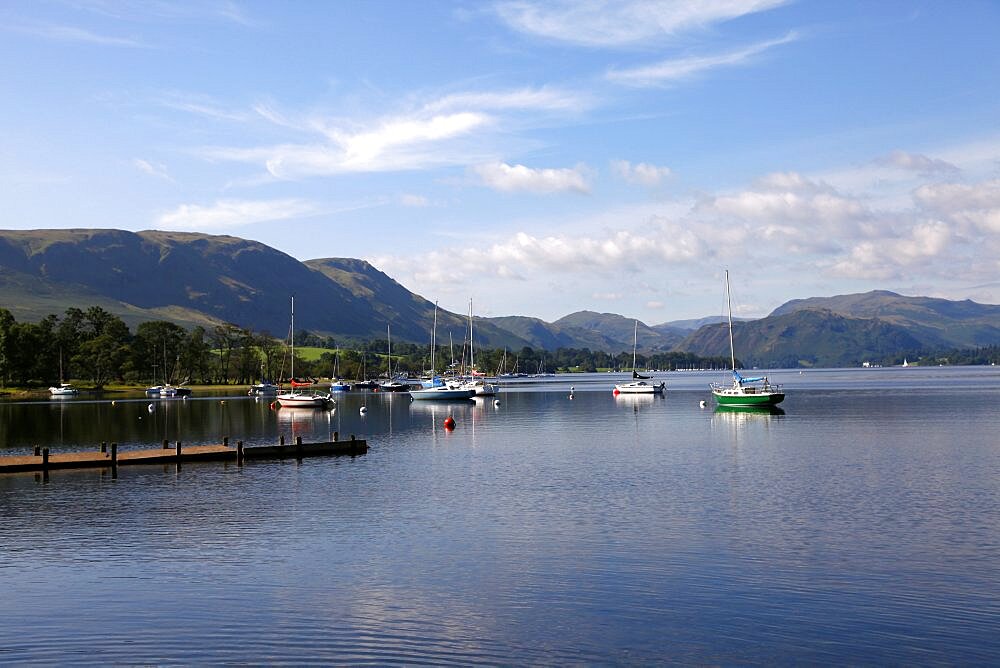 Yachts on Lake Ullswater, Lake District National Park, Cumbria, England, United Kingdom, Europe