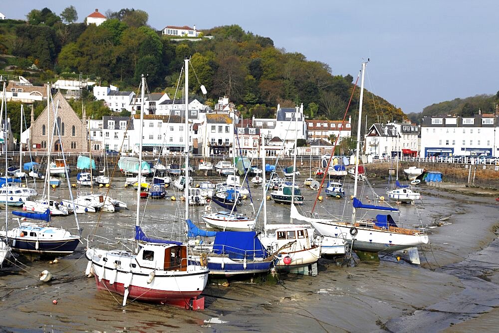 Boats and yachts in Harbour at low tide, Jersey, Channel Islands, United Kingdom, Europe