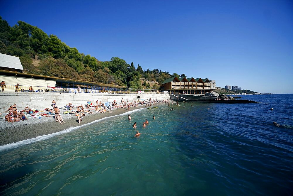 Sun bathers on Beach, Alupka, Crimea, Ukraine, Europe