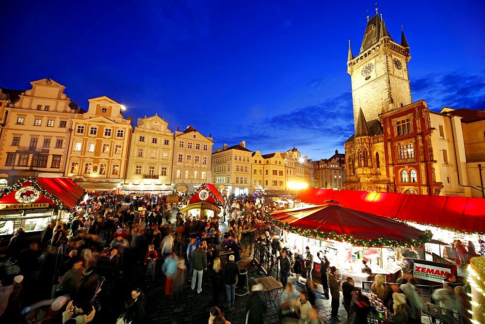 Christmas Market and Old Town Hall, Prague, Czech Republic, Europe