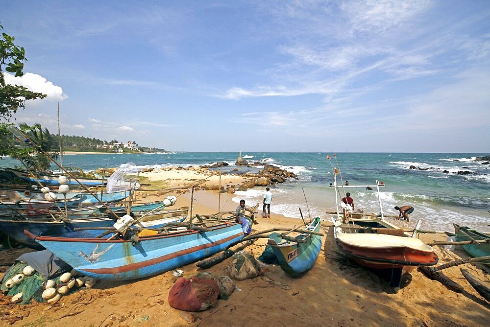 Fishing boats on beach, Tangalla, Sri Lanka, Asia