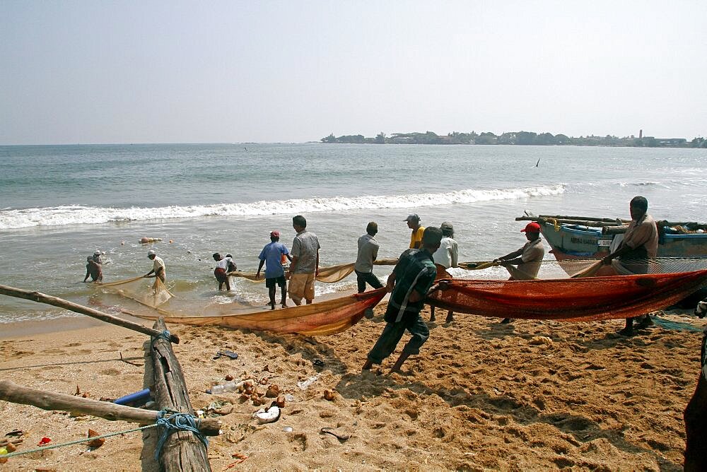 Fishermen pull nets from the Indian Ocean, Galle, Sri Lanka, Asia