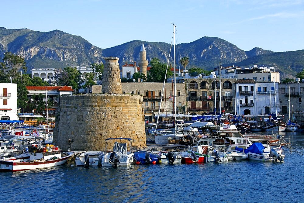 Boats in harbour and castle walls, Kyrenia, Northern Cyprus, Mediterranean, Europe