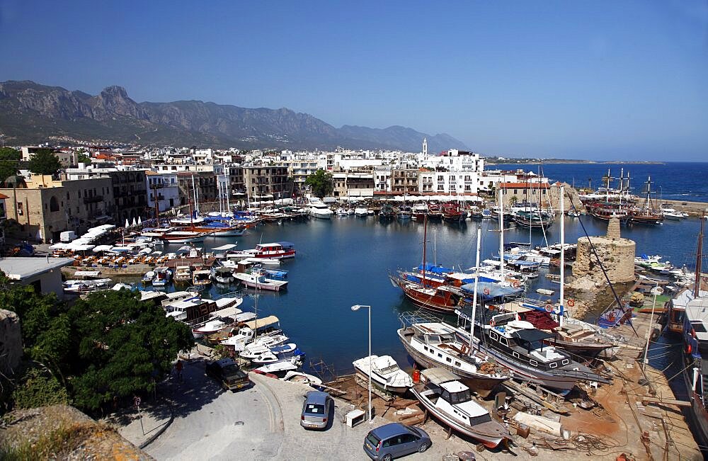 Harbour, boats and Mediterranean Sea, Kyrenia, Northern Cyprus, Europe