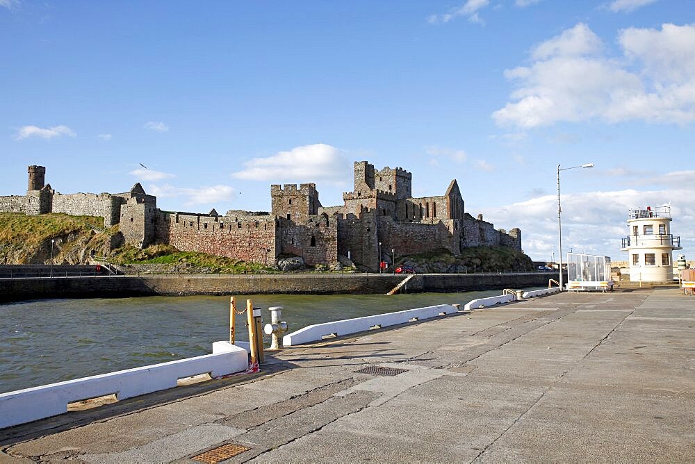 Peel Castle and Harbour Wall, Isle of Man, British Isles, Europe