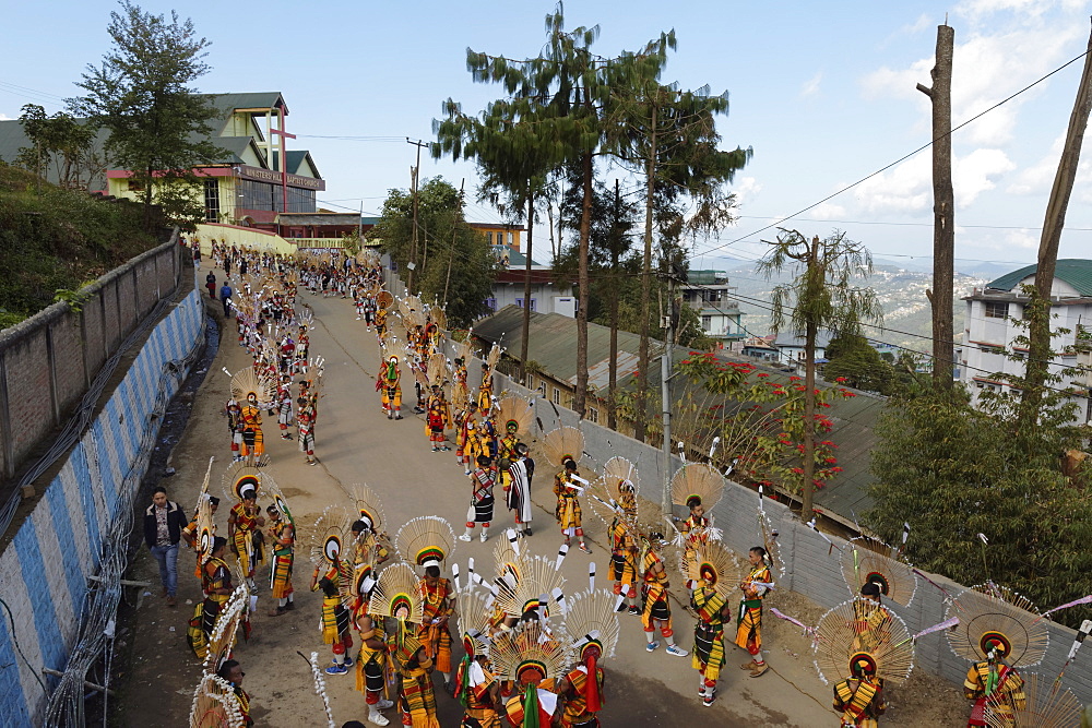 Naga tribesmen participating at the Stone pulling ceremony during Kisima Nagaland Hornbill festival, Kohima, Nagaland, India, Asia