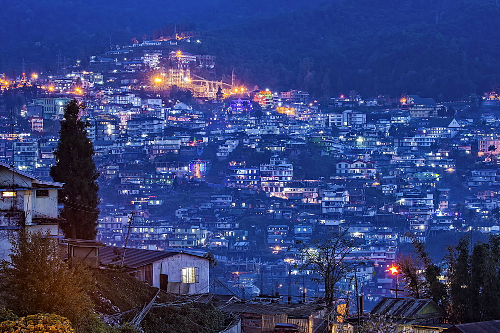 View over Kohima city at night, Nagaland, India, Asia