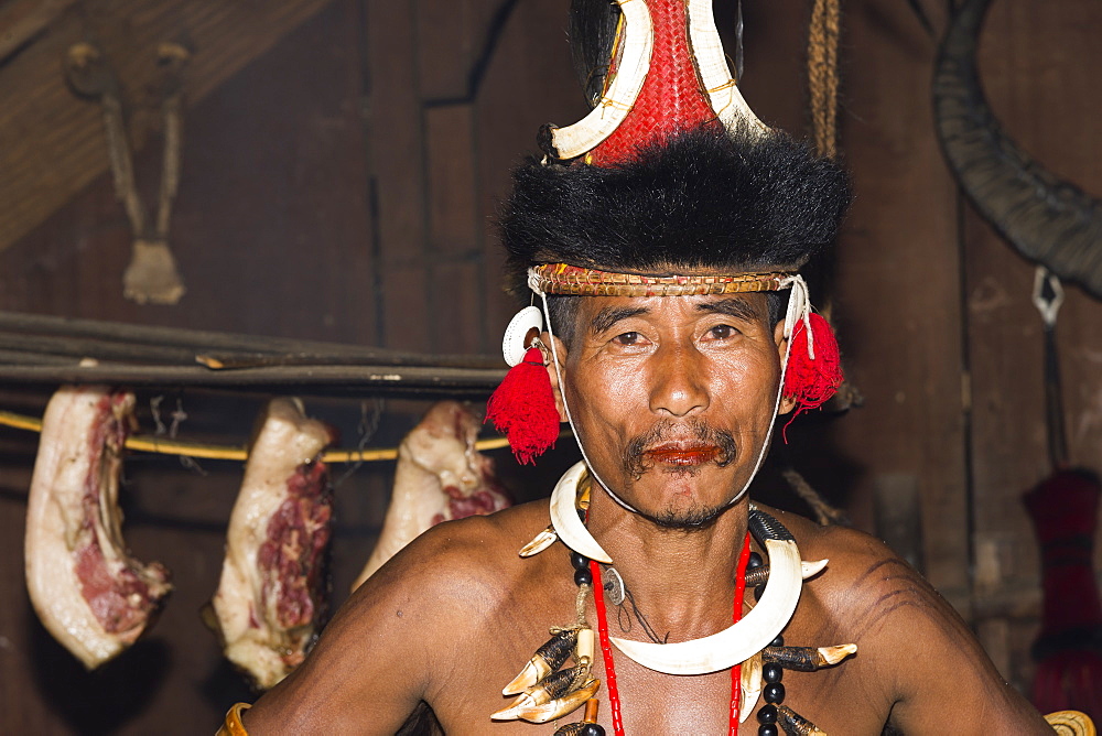 Naga tribal man in traditional outfit, Kisima Nagaland Hornbill festival, Kohima, Nagaland, India, Asia