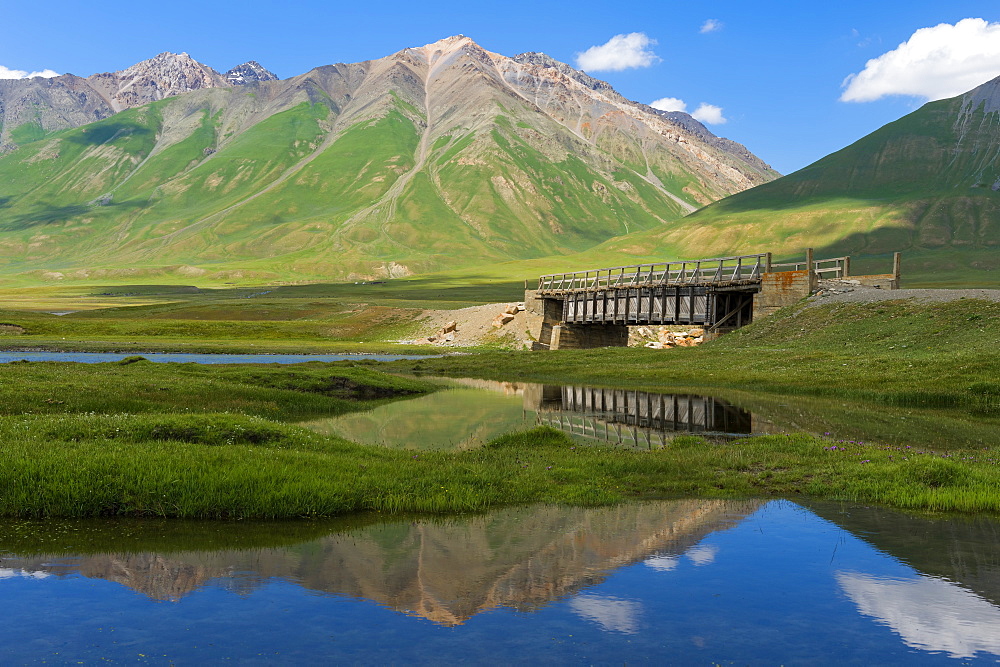 Mountains reflecting in water, Naryn Gorge, Naryn Region, Kyrgyzstan, Central Asia, Asia