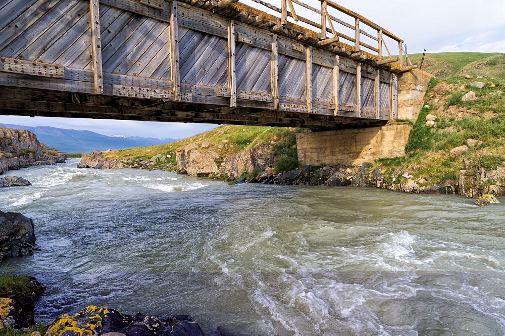 Wooden bridge over a Mountain river, Naryn Gorge, Naryn Region, Kyrgyzstan, Central Asia, Asia