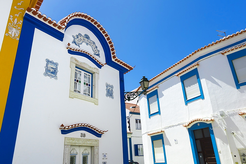 White houses with colorful decoration, Ericeira, Lisbon Coast, Portugal, Europe