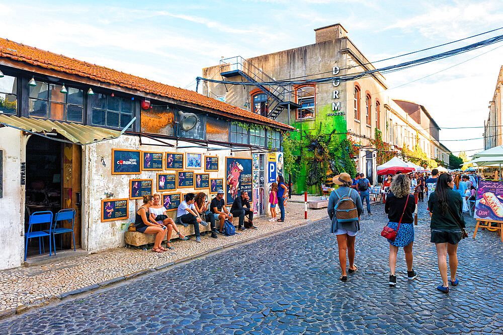 Cobble street in LX Factory street market, Lisbon, Portugal, Europe