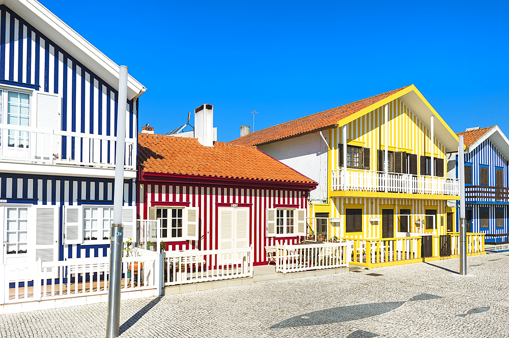 Palheiros typical houses, Costa Nova Beach, Aveiro, Venice of Portugal, Beira Littoral, Portugal, Europe