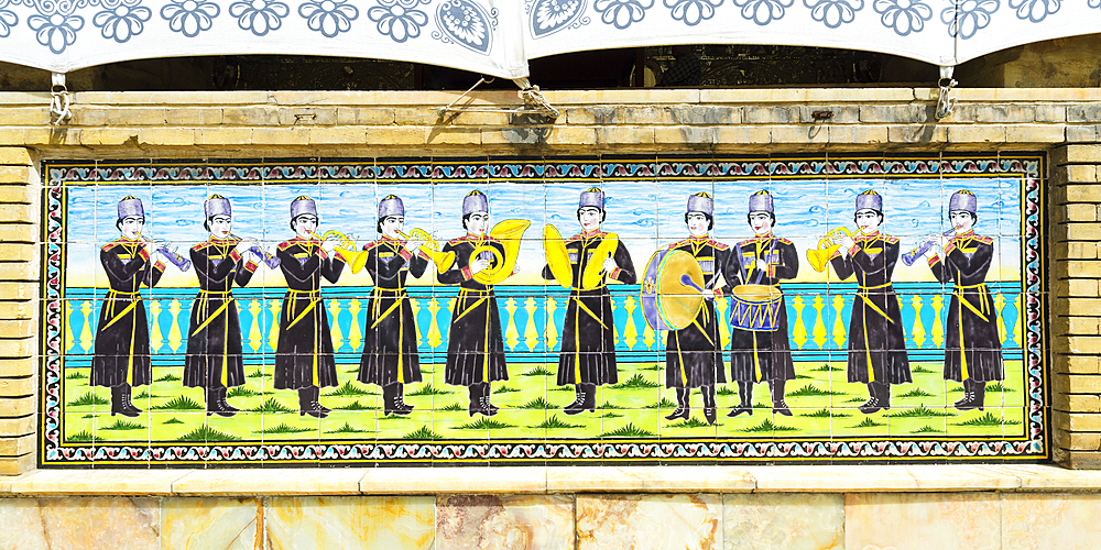 Golestan Palace, Shams al-Emareh, Ceramic Tiles representing a music band, Tehran, Islamic Republic of Iran, Middle East