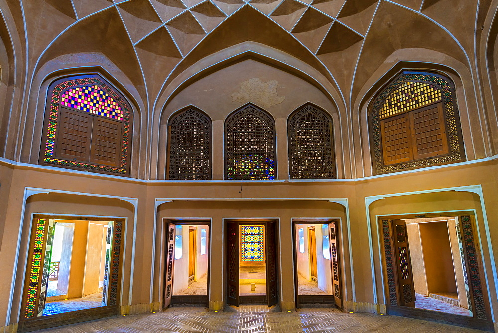 Pavilion under the wind catcher and colourful stained glass windows, Dolat Abad Garden, Yazd, Iran, Middle East