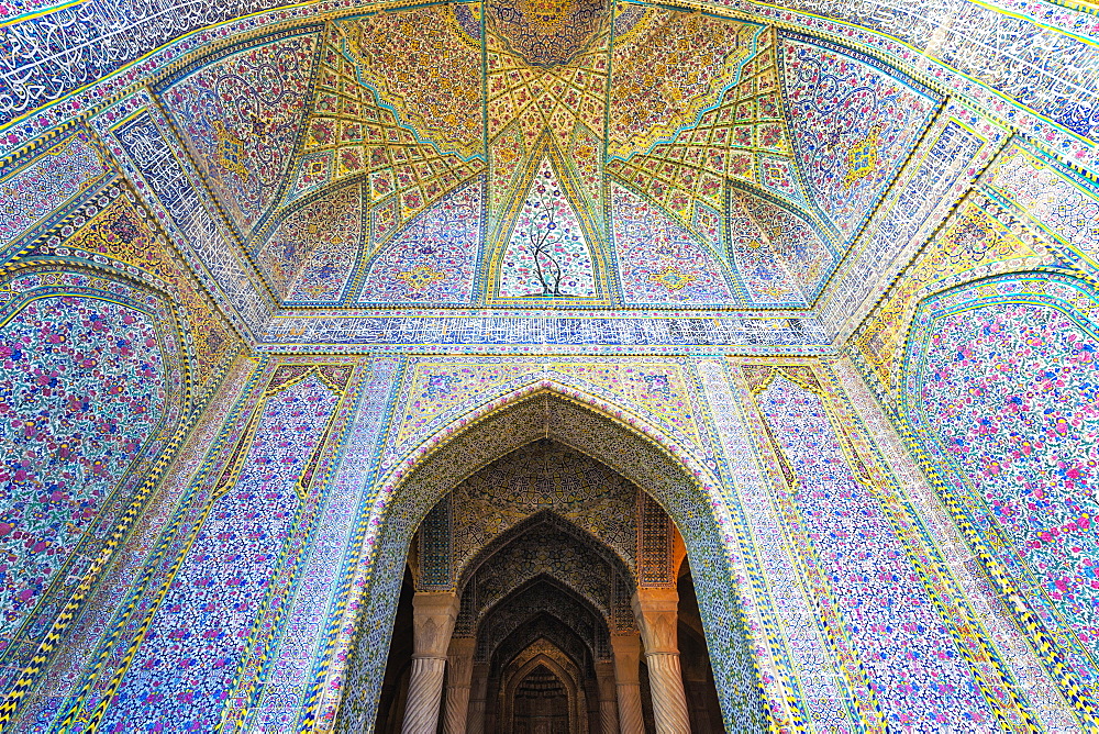 Walls and ceiling covered with colorful faience tiles, Vakil Mosque, Shiraz, Fars Province, Iran, Middle East