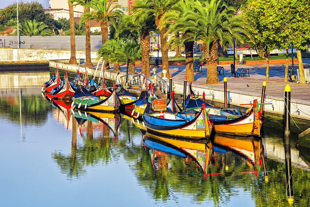 Gondola-like moliceiros boats anchored along the Central Channel, Aveiro, Beira, Portugal, Europe