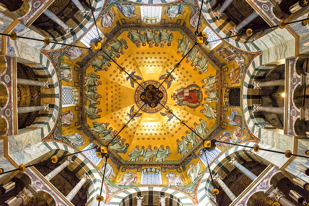 Aachen Cathedral cupola and Barbarossa's Chandelier, UNESCO World Heritage Site, Aachen, North Rhine Westphalia, Germany, Europe