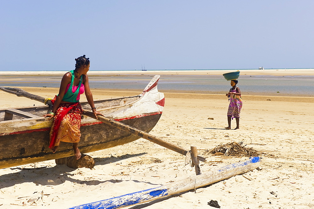 Two young Malagasy women on the beach, Morondava, Madagascar, Africa