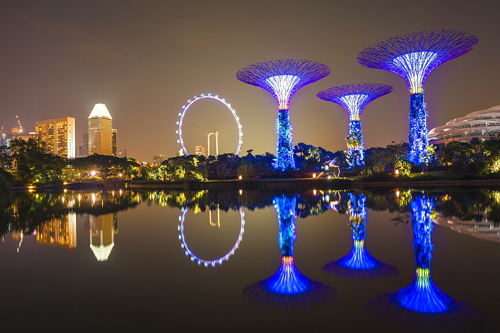 Gardens by the Bay reflecting in the water at night, Singapore, Southeast Asia, Asia