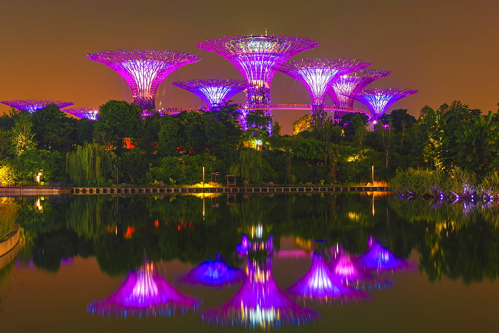 Gardens by the Bay reflecting in the water at night, Singapore, Southeast Asia, Asia