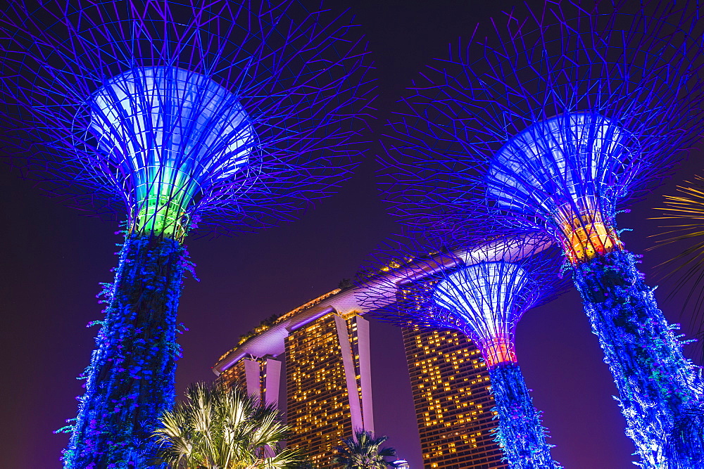 Gardens by the Bay and Marina Bay Sands Hotel at night, Singapore, Southeast Asia, Asia