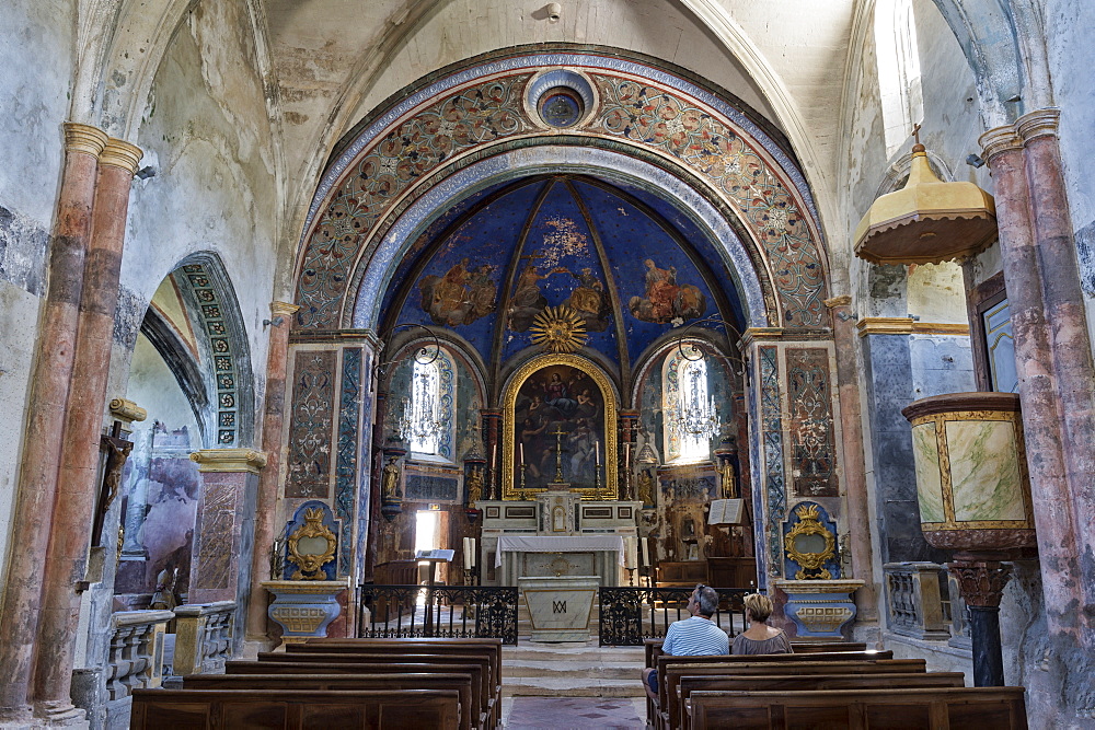 Interior of Notre Dame Dalidon Church, Medieval village of Oppede le Vieux, Vaucluse, Provence Alpes Cote d'Azur region, France, Europe