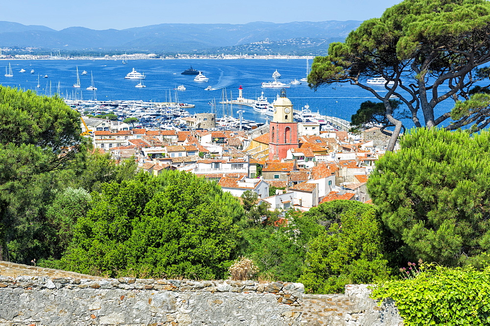 View over the bell tower of Notre Dame de l'Assomption Church, St. Tropez, Var, Provence Alpes Cote d'Azur region, French Riviera, France, Mediterranean, Europe