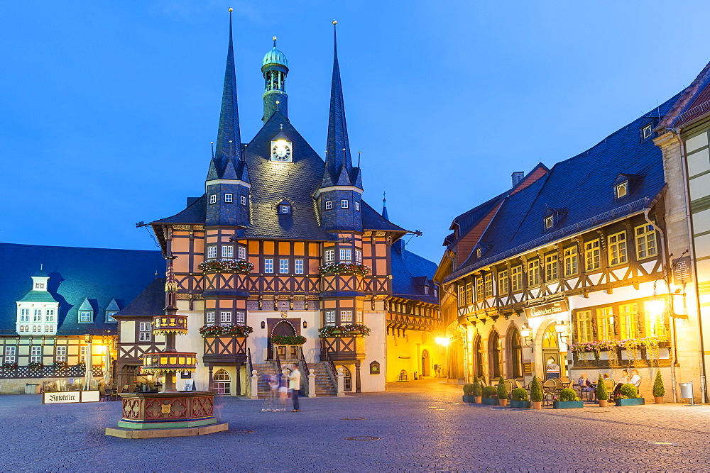 Market square and Town Hall at twilight, Wernigerode, Harz, Saxony-Anhalt, Germany, Europe