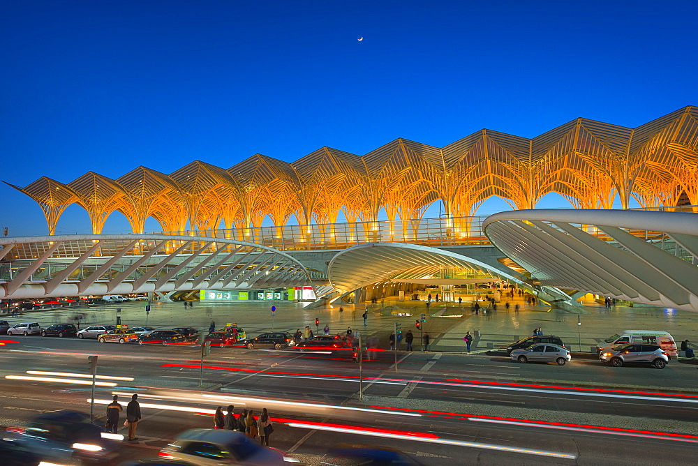 Oriente train station at the blue hour, Parque das Nacoes, Lisbon, Portugal, Europe