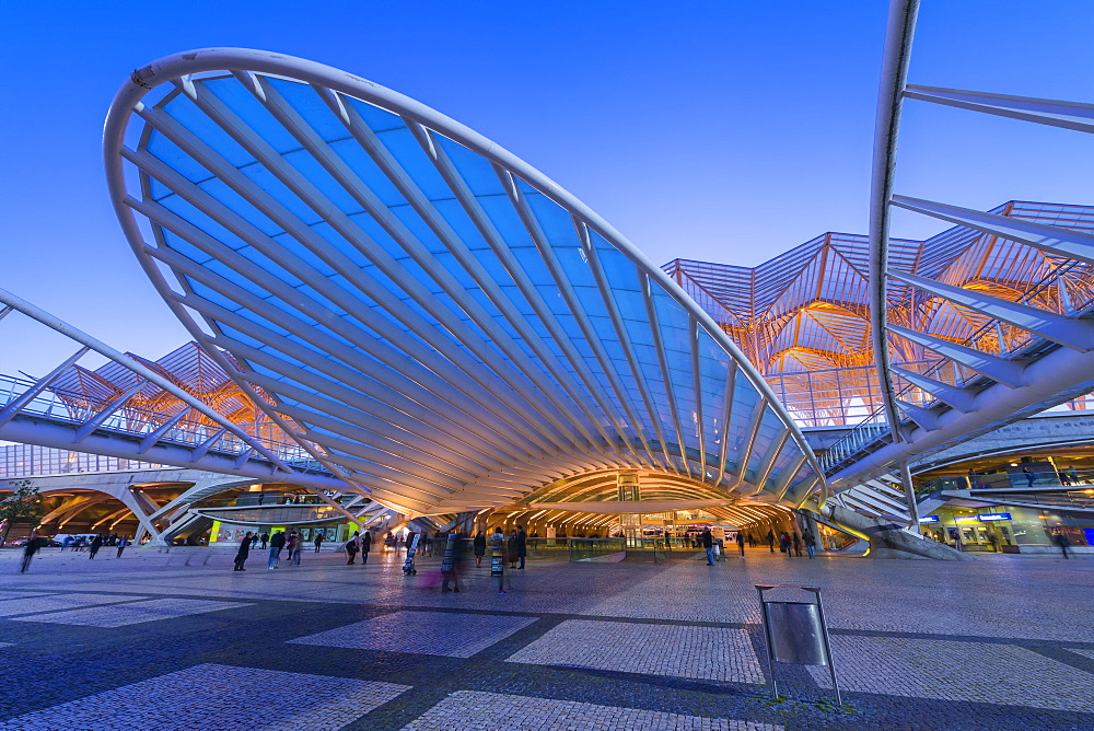 Oriente train station at the blue hour, Parque das Nacoes, Lisbon, Portugal, Europe