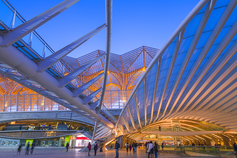 Oriente train station at the blue hour, Parque das Nacoes, Lisbon, Portugal, Europe