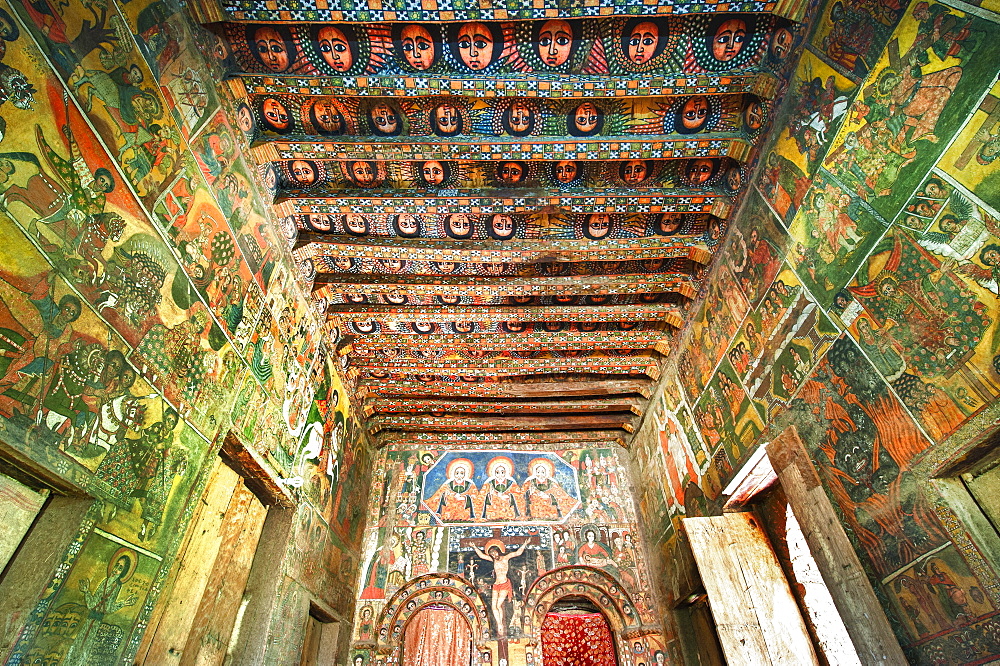 Ancient wall paintings in the interior of the Debre Birhan Selassie Church, Gondar, Ethiopia, Africa 