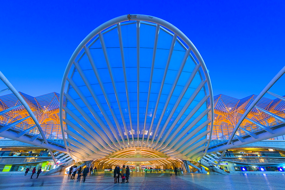 Oriente train station at the blue hour, Parque das Nacoes, Lisbon, Portugal, Europe