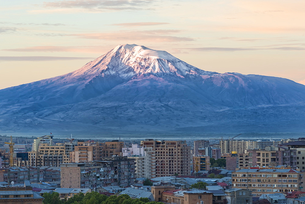 Mount Ararat and Yerevan viewed from Cascade at sunrise, Yerevan, Armenia, Cemtral Asia, Asia