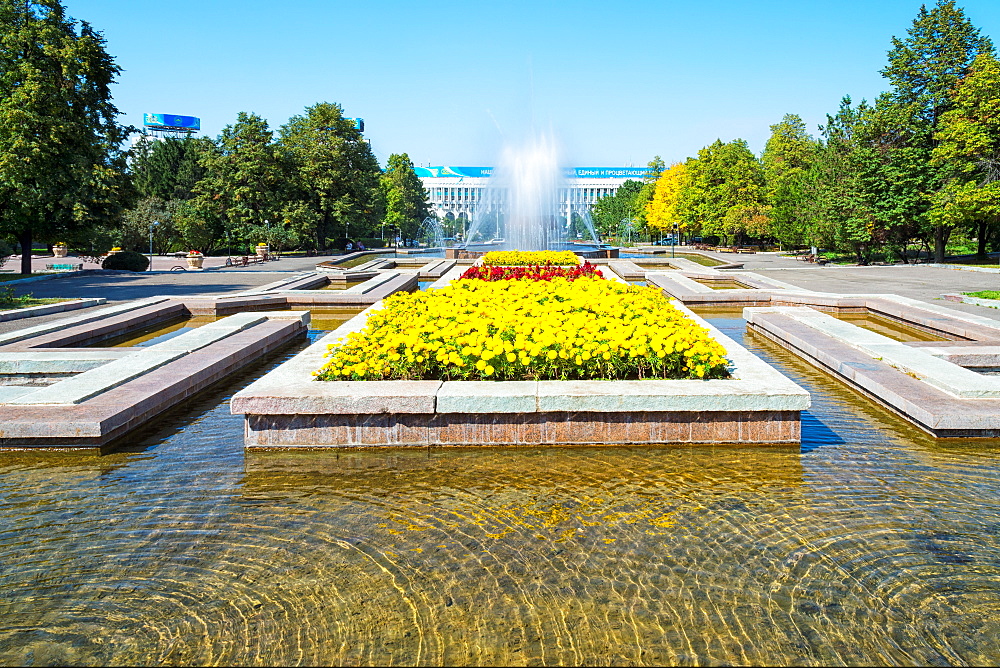 Republic Square Park, water spraying from fountain, Almaty, Kazakhstan, Central Asia, Asia