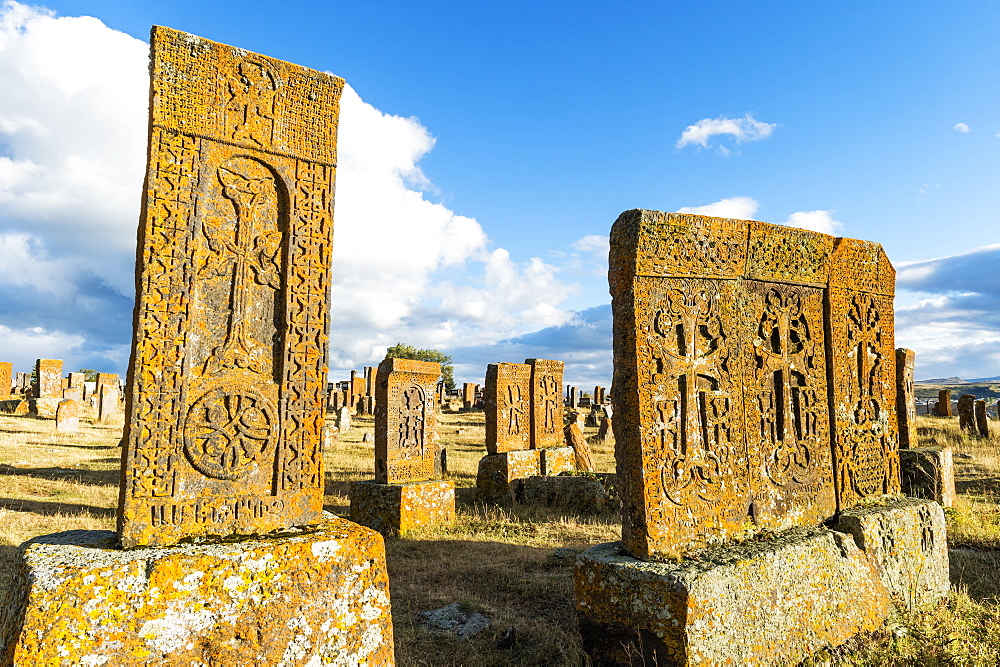 Medieval Khachkars carved memorial stele, Noratus cemetery, Sevan Lake, Gegharkunik province, Armenia, Caucasus, Asia