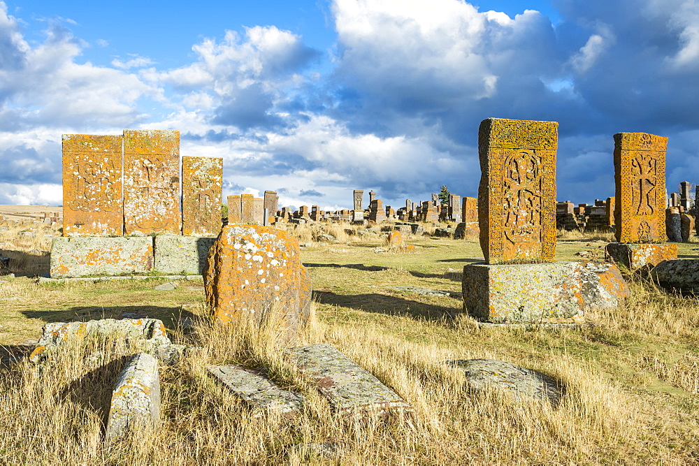 Medieval Khachkars carved memorial stele, Noratus cemetery, Sevan Lake, Gegharkunik province, Armenia, Caucasus, Asia