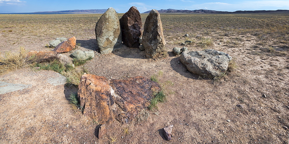 Ancient fireplace stones, site of a 12th century camp of Ghengis Khan and his troops, Altyn-Emel National Park, Almaty region, Kazakhstan, Central Asia, Asia