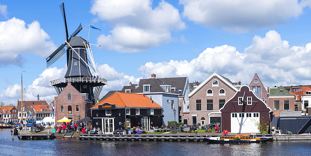 De Adriaan windmill along the river Spaarne, Haarlem, North Holland, The Netherlands, Europe