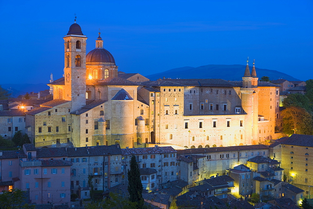 Ducal Palace at night, Urbino, Le Marche, Italy, Europe 