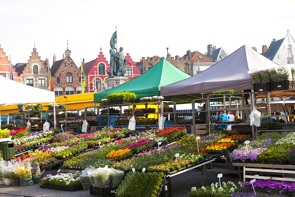 Flower Market in the historic Market Square, Bruges, Belgium, Europe