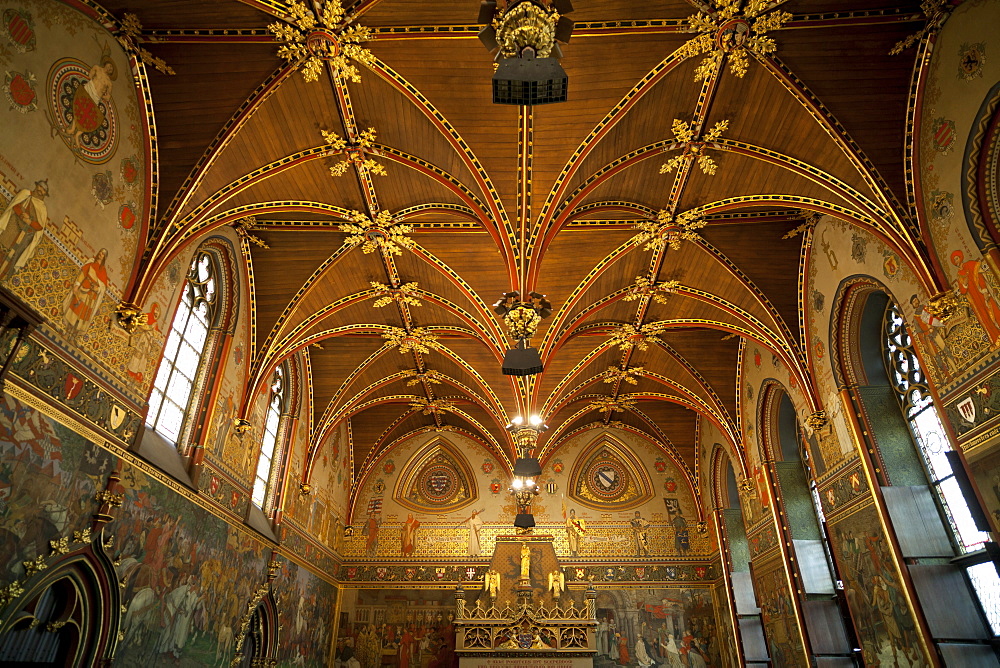 Vaulted ceiling of the Gothic Hall inside the Town Hall, Bruges, Belgium, Europe